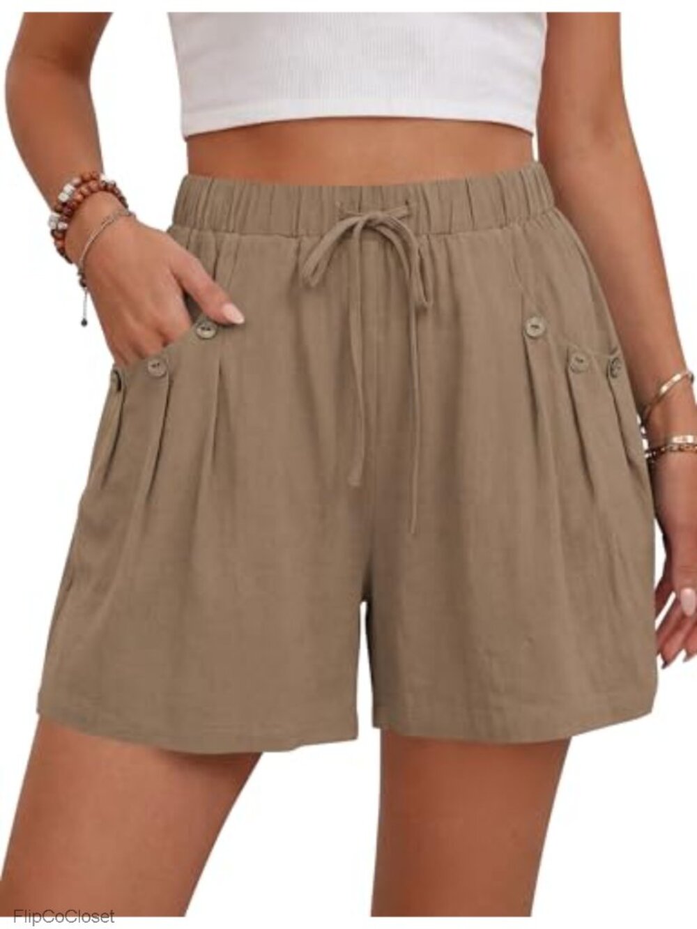 Linen Shorts for Women Summer Casual Wide Leg High Waist Drawstring with Pockets